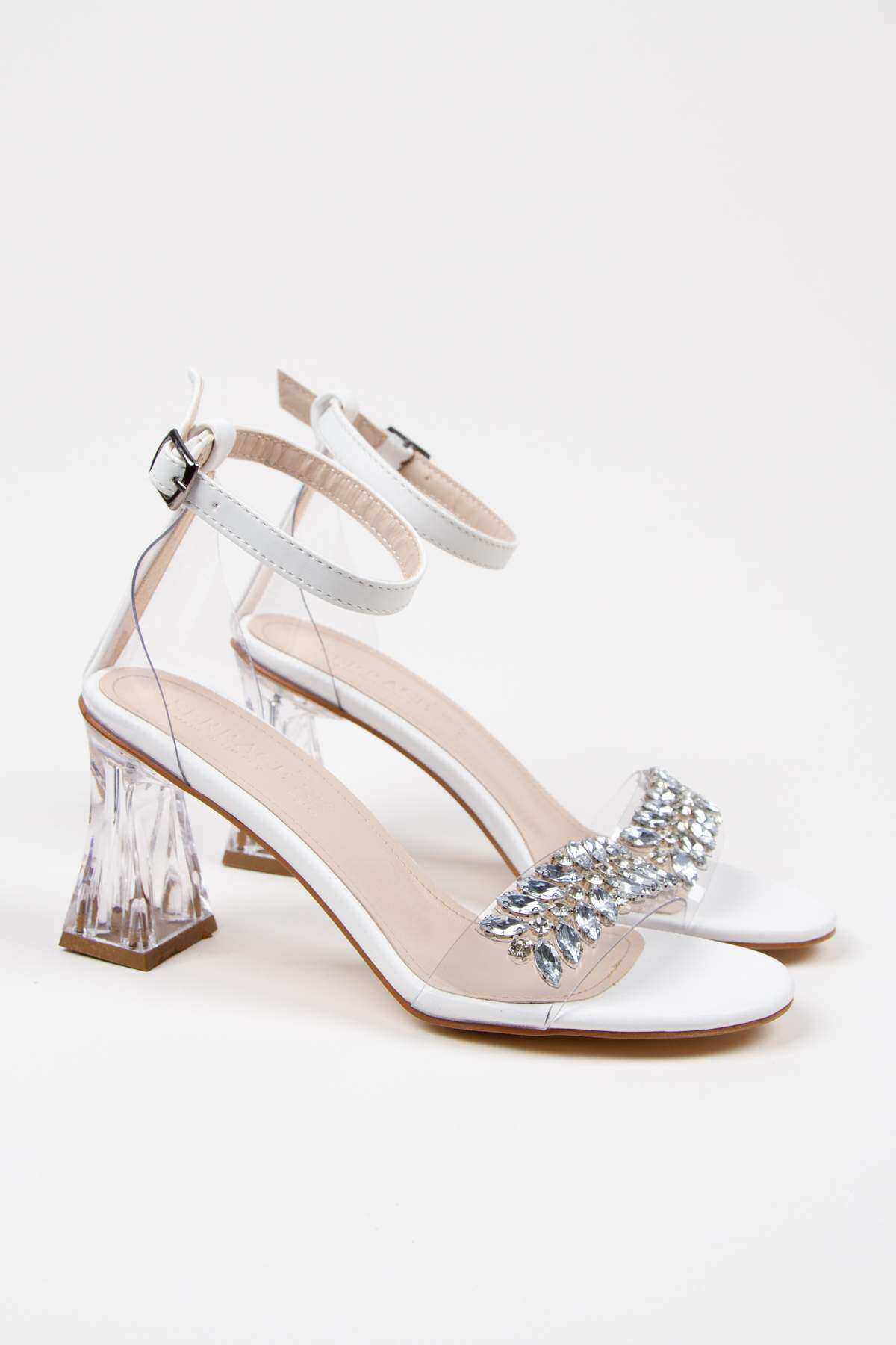 Kadın Yazlık Beyaz Arkası Kapalı Şeffaf Tek Bantlı Taş Detaylı Şeffaf Topuklu Ayakkabı