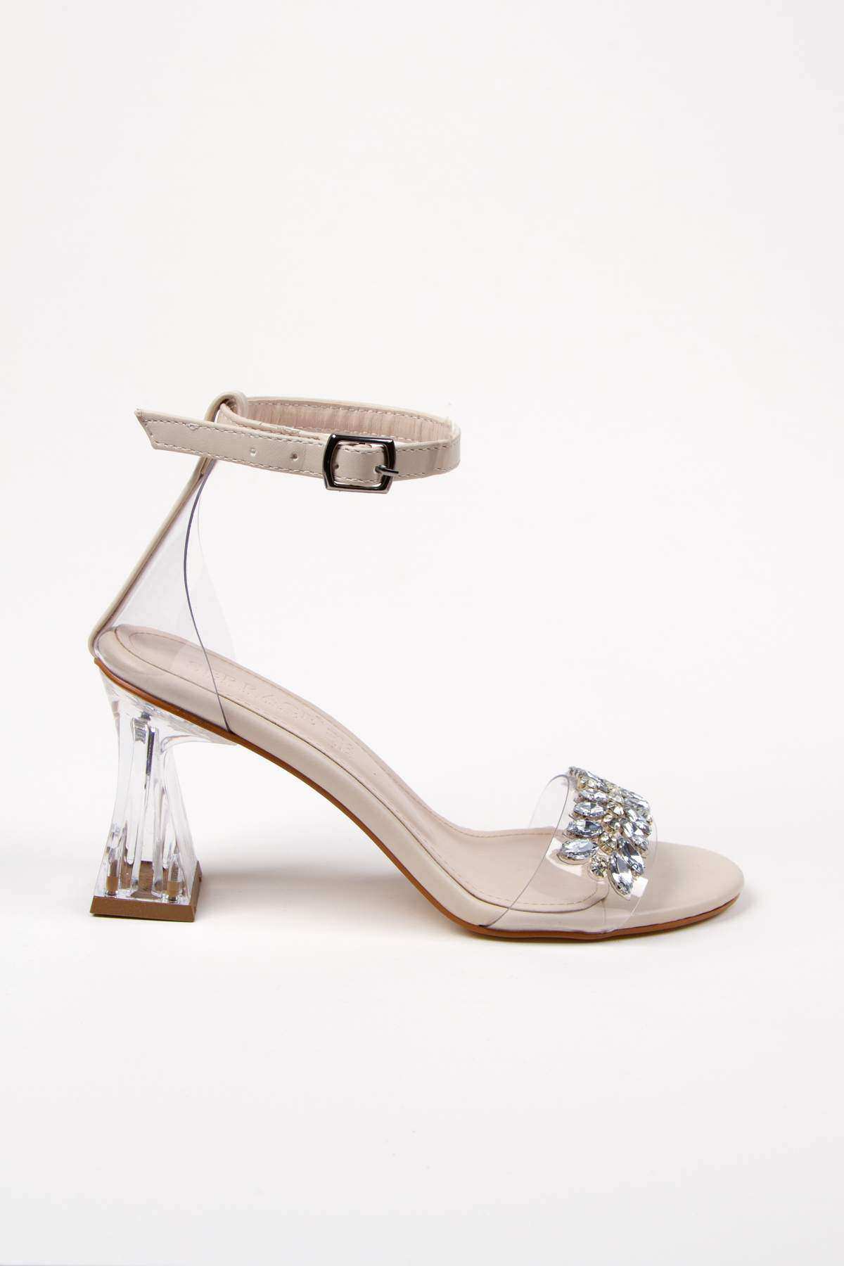 Kadın Yazlık Bej Arkası Kapalı Şeffaf Tek Bantlı Taş Detaylı Şeffaf Topuklu Ayakkabı