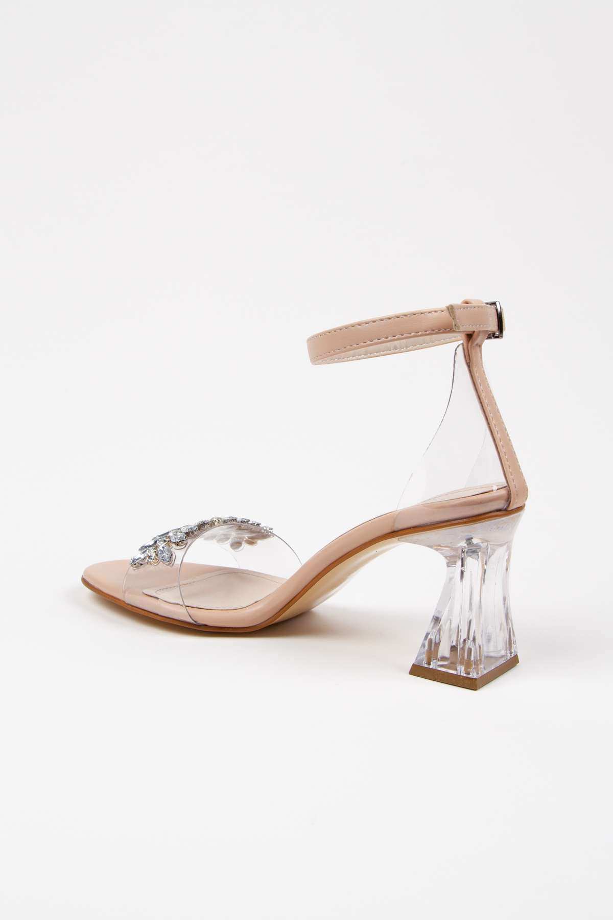 Kadın Yazlık Nude Arkası Kapalı Şeffaf Tek Bantlı Taş Detaylı Şeffaf Topuklu Ayakkabı